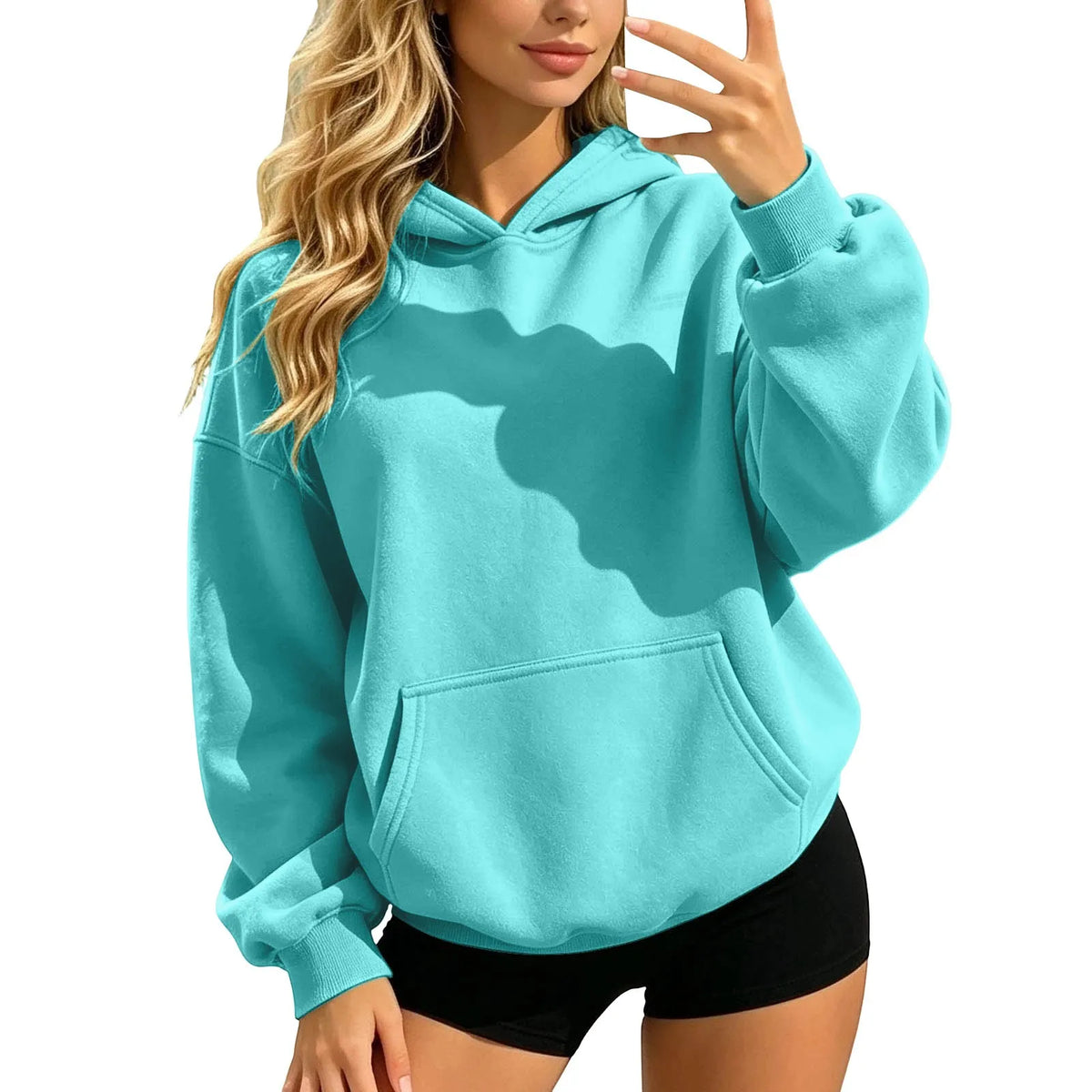 Women Fall and Winter Casual Soild Color Hooded Sweatshirt Loose Fit Long Sleeve Pocket Outdoor Casual Tops Street Hoodie