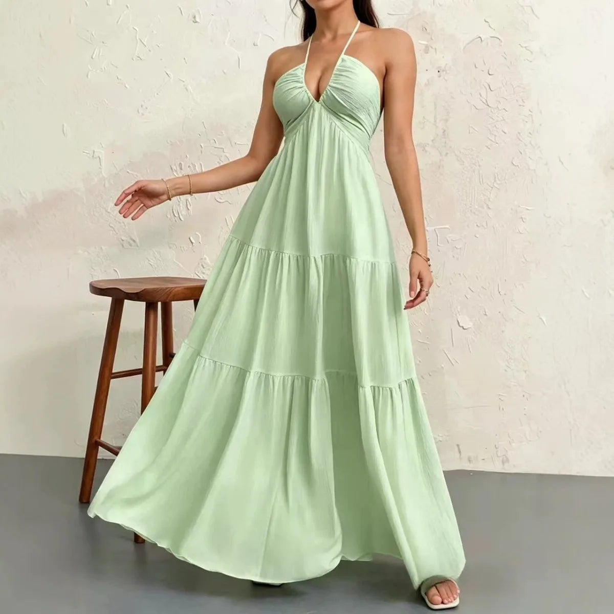 Premium Women'S Tie Halter Dress – Adjustable Straps European American Summer Vacation, Maternity Friendly Flowy Casual Gown