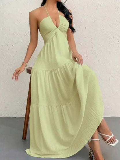 Premium Women'S Tie Halter Dress – Adjustable Straps European American Summer Vacation, Maternity Friendly Flowy Casual Gown