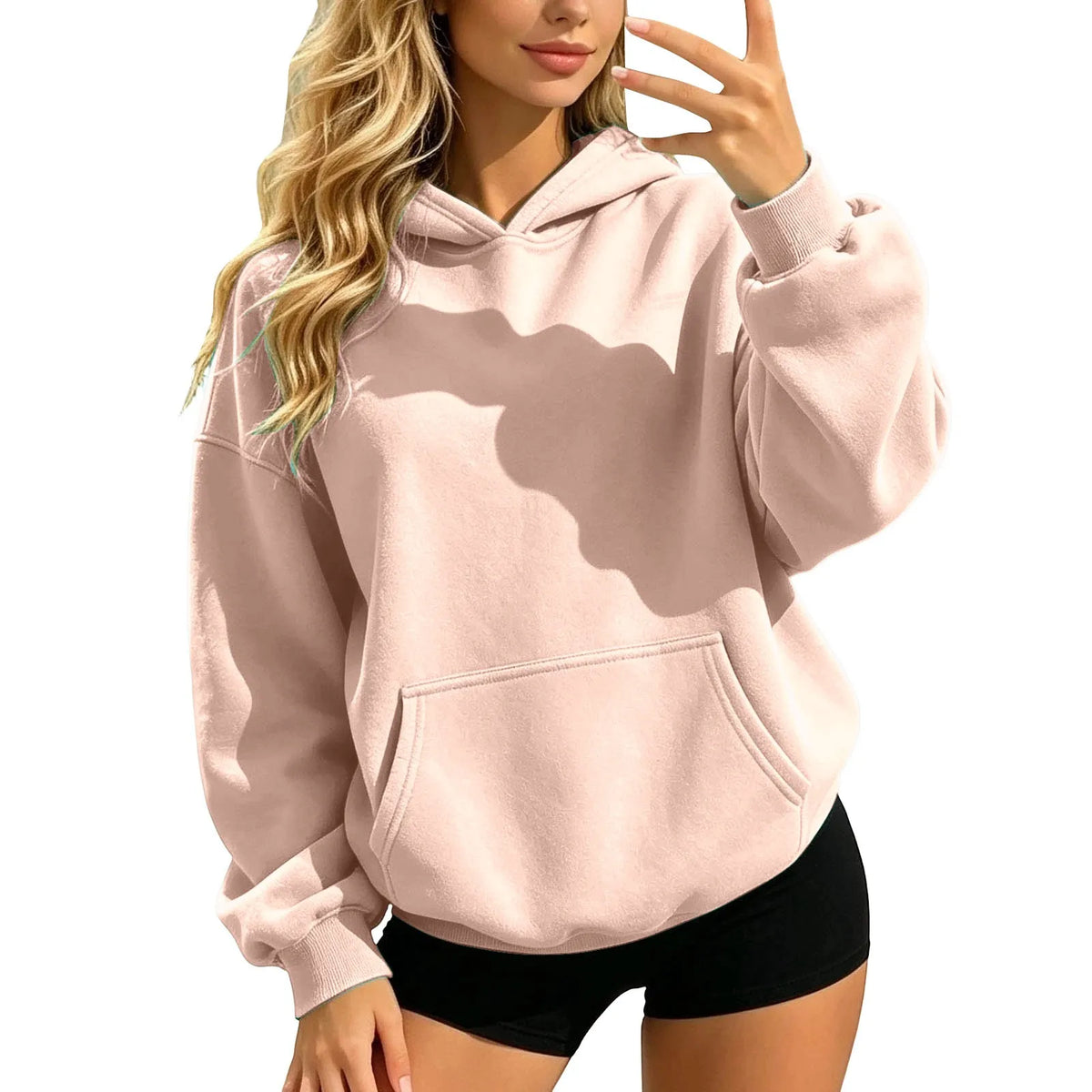Women Fall and Winter Casual Soild Color Hooded Sweatshirt Loose Fit Long Sleeve Pocket Outdoor Casual Tops Street Hoodie