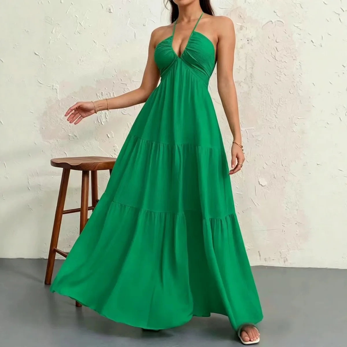 Premium Women'S Tie Halter Dress – Adjustable Straps European American Summer Vacation, Maternity Friendly Flowy Casual Gown