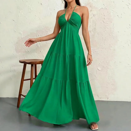 Premium Women'S Tie Halter Dress – Adjustable Straps European American Summer Vacation, Maternity Friendly Flowy Casual Gown