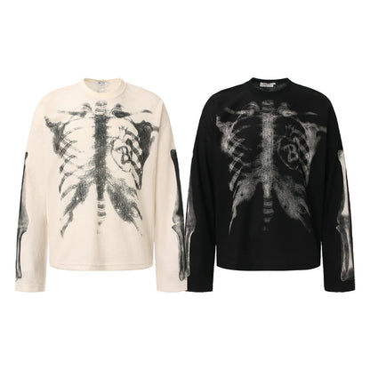 Autumn and Winter Vintage Skeleton Printed Long Sleeved T-Shirt Y2K Loose Casual Trendy Top for Both Men and Women