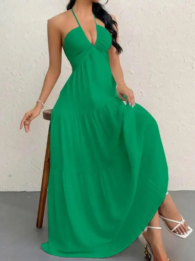 Premium Women'S Tie Halter Dress – Adjustable Straps European American Summer Vacation, Maternity Friendly Flowy Casual Gown