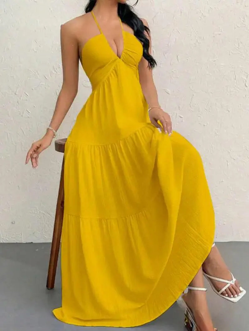 Premium Women'S Tie Halter Dress – Adjustable Straps European American Summer Vacation, Maternity Friendly Flowy Casual Gown