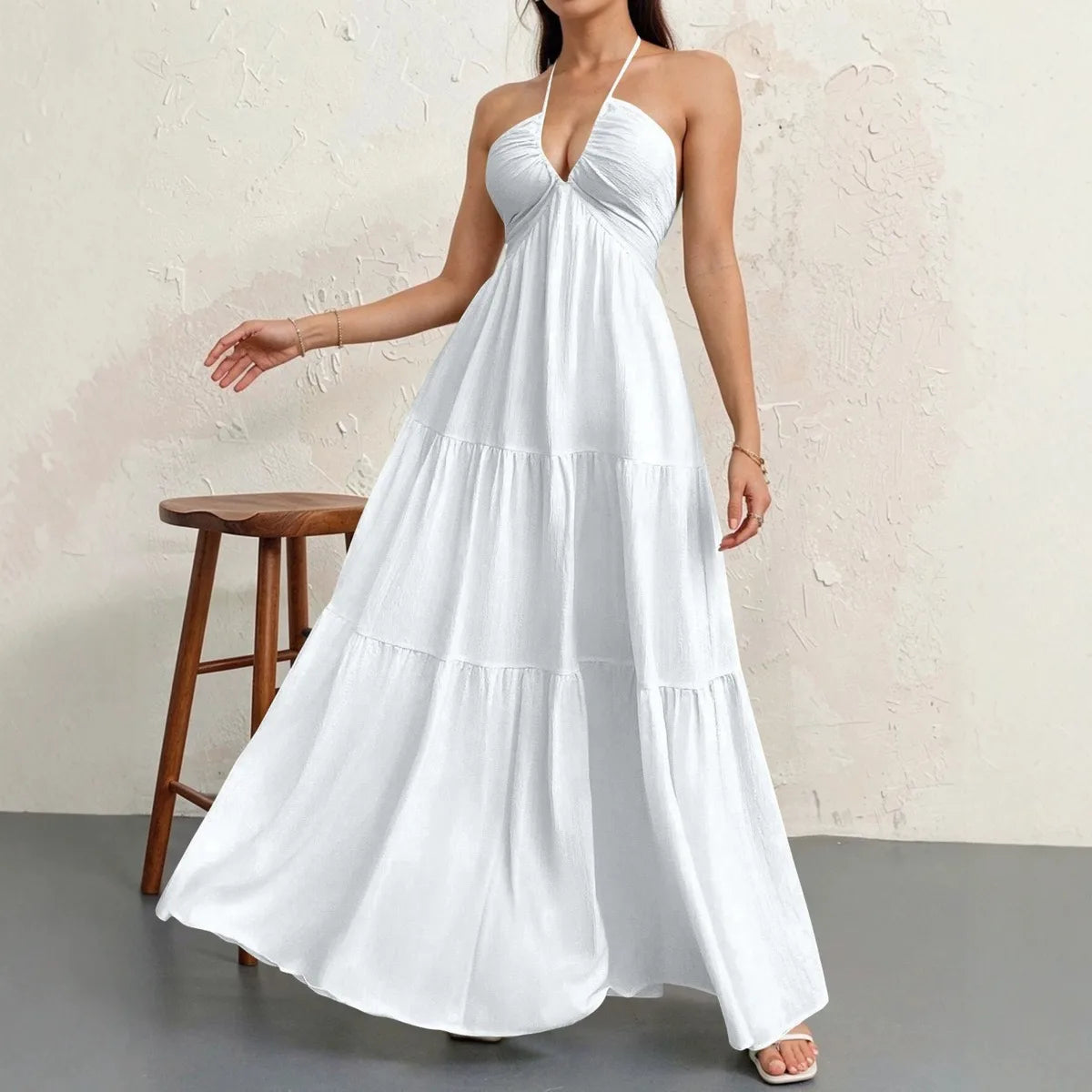 Premium Women'S Tie Halter Dress – Adjustable Straps European American Summer Vacation, Maternity Friendly Flowy Casual Gown