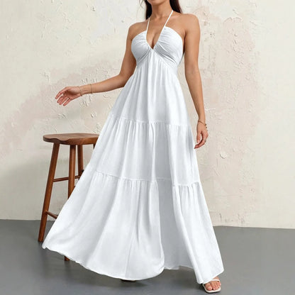 Premium Women'S Tie Halter Dress – Adjustable Straps European American Summer Vacation, Maternity Friendly Flowy Casual Gown
