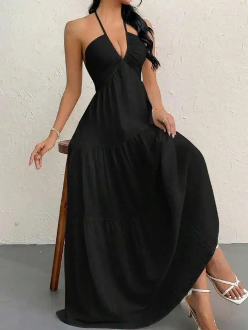 Premium Women'S Tie Halter Dress – Adjustable Straps European American Summer Vacation, Maternity Friendly Flowy Casual Gown