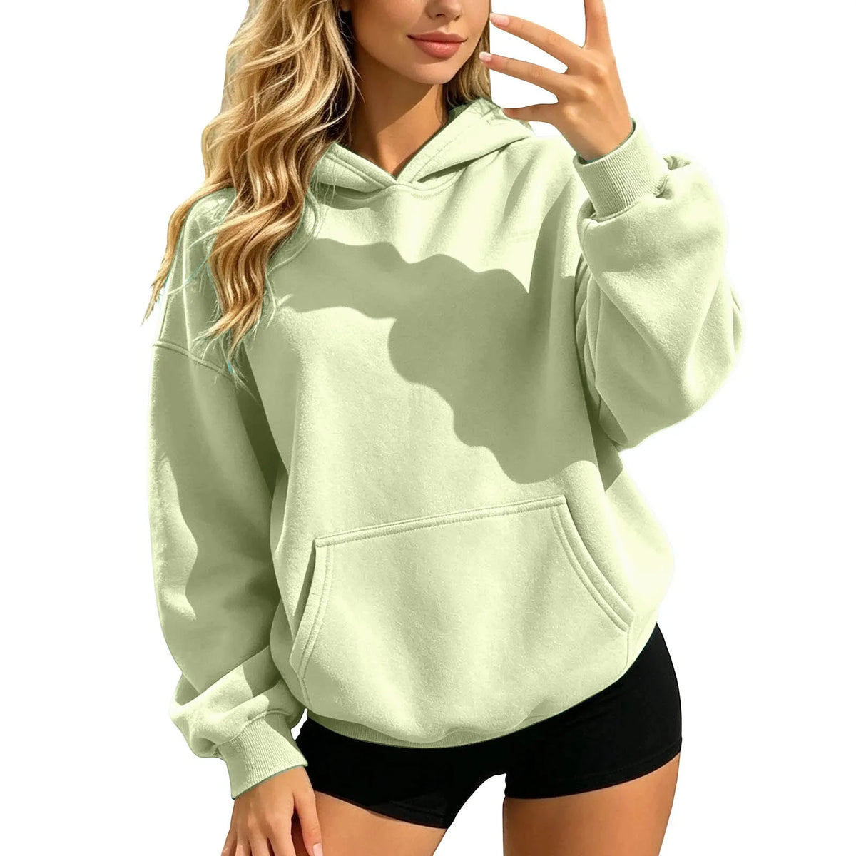 Women Fall and Winter Casual Soild Color Hooded Sweatshirt Loose Fit Long Sleeve Pocket Outdoor Casual Tops Street Hoodie