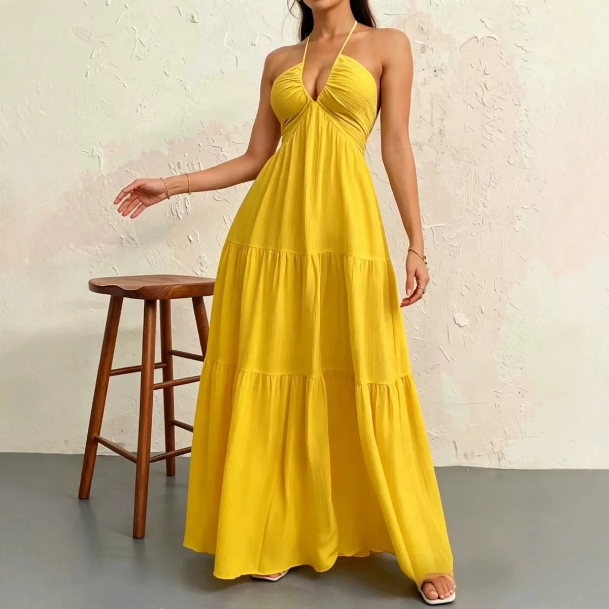 Premium Women'S Tie Halter Dress – Adjustable Straps European American Summer Vacation, Maternity Friendly Flowy Casual Gown