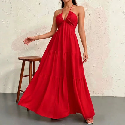Premium Women'S Tie Halter Dress – Adjustable Straps European American Summer Vacation, Maternity Friendly Flowy Casual Gown
