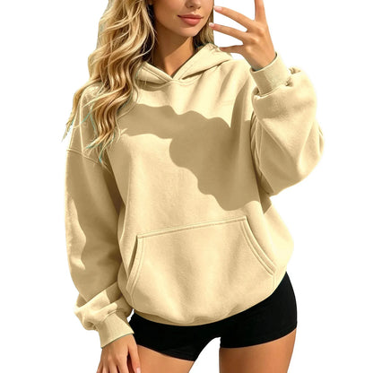 Women Fall and Winter Casual Soild Color Hooded Sweatshirt Loose Fit Long Sleeve Pocket Outdoor Casual Tops Street Hoodie