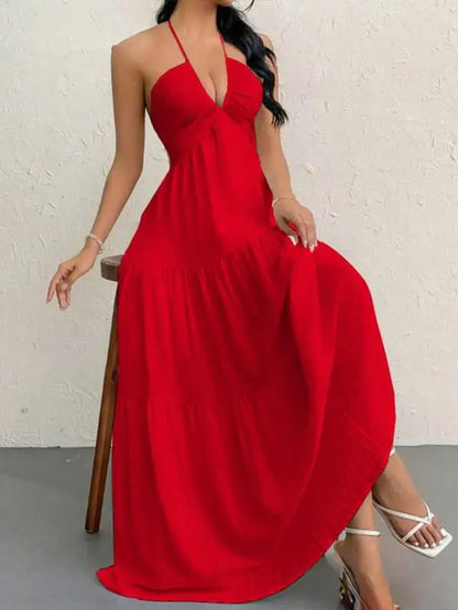 Premium Women'S Tie Halter Dress – Adjustable Straps European American Summer Vacation, Maternity Friendly Flowy Casual Gown