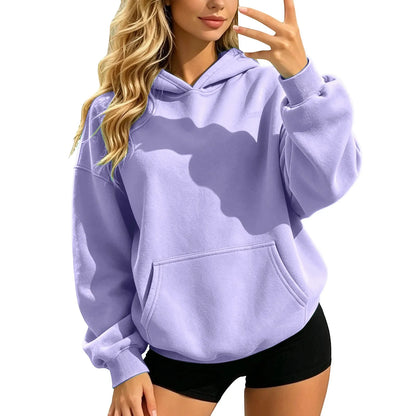 Women Fall and Winter Casual Soild Color Hooded Sweatshirt Loose Fit Long Sleeve Pocket Outdoor Casual Tops Street Hoodie