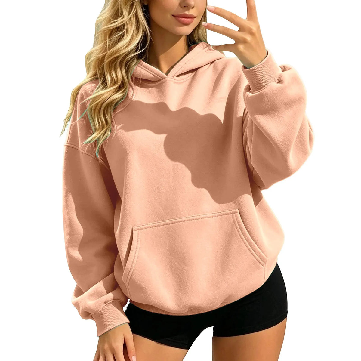 Women Fall and Winter Casual Soild Color Hooded Sweatshirt Loose Fit Long Sleeve Pocket Outdoor Casual Tops Street Hoodie