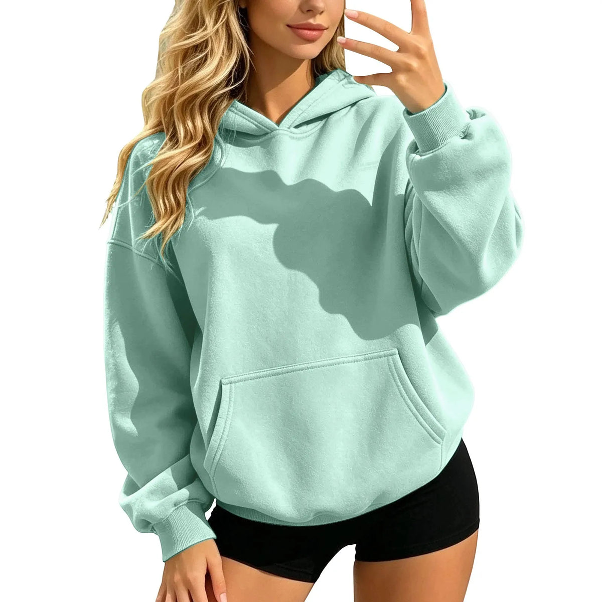 Women Fall and Winter Casual Soild Color Hooded Sweatshirt Loose Fit Long Sleeve Pocket Outdoor Casual Tops Street Hoodie