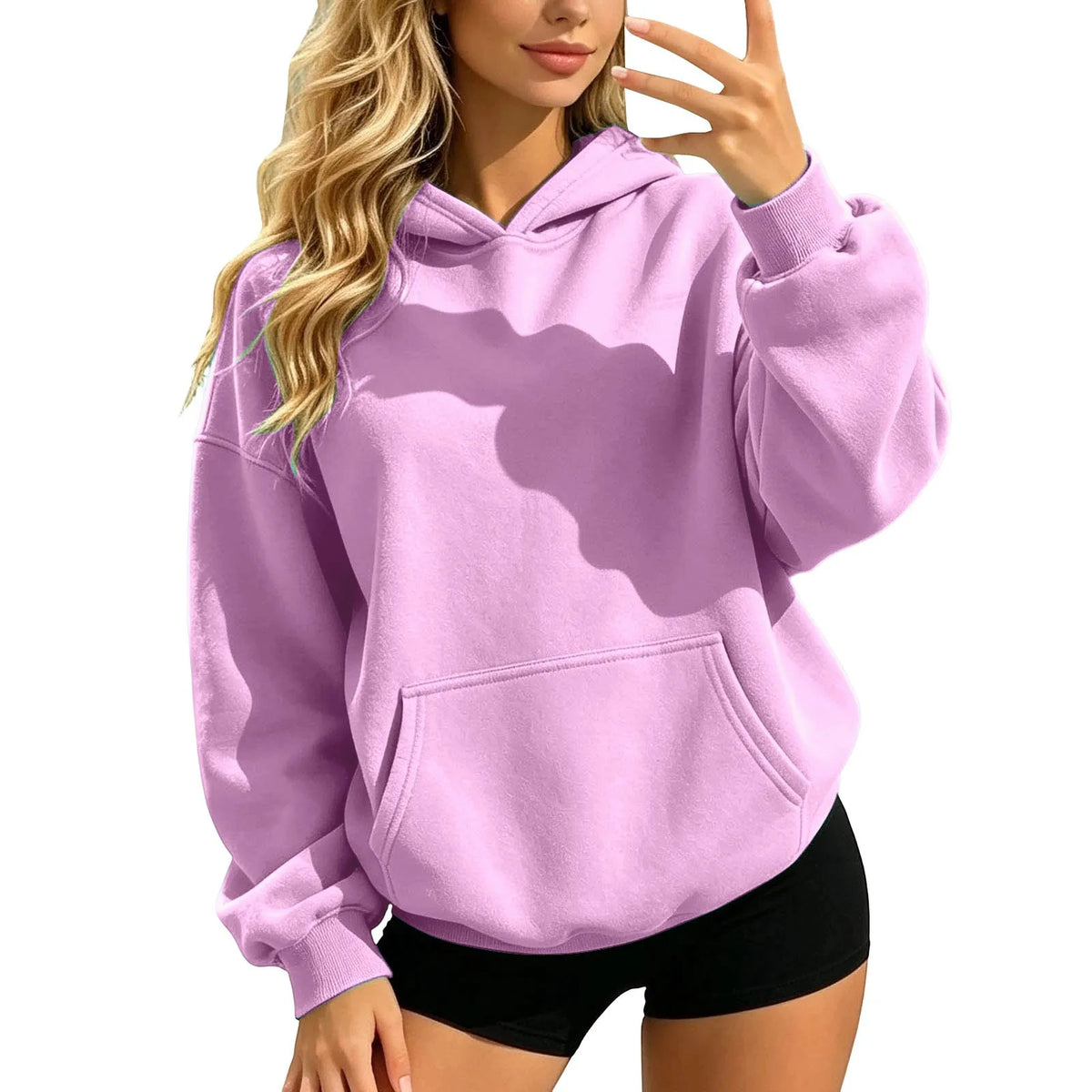 Women Fall and Winter Casual Soild Color Hooded Sweatshirt Loose Fit Long Sleeve Pocket Outdoor Casual Tops Street Hoodie