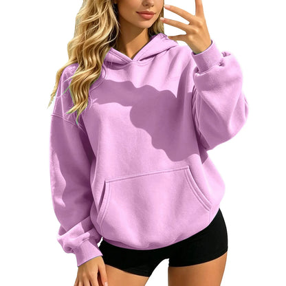 Women Fall and Winter Casual Soild Color Hooded Sweatshirt Loose Fit Long Sleeve Pocket Outdoor Casual Tops Street Hoodie