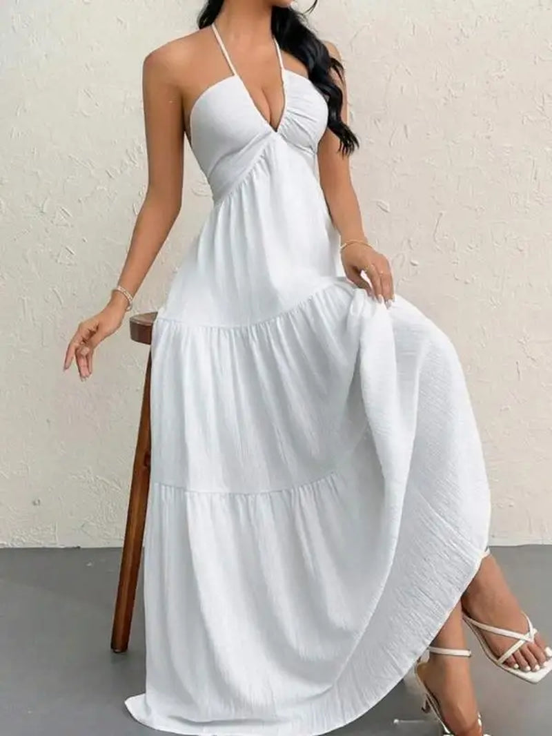 Premium Women'S Tie Halter Dress – Adjustable Straps European American Summer Vacation, Maternity Friendly Flowy Casual Gown