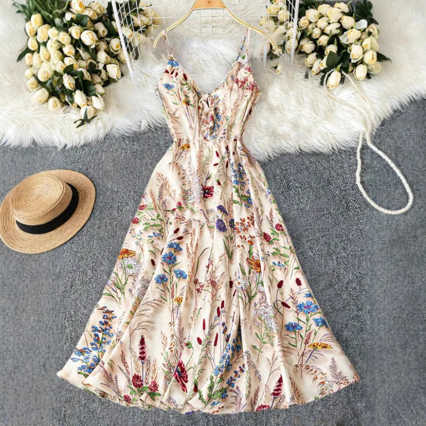Women'S Boho Floral Print Spaghetti Strap Maxi Dress V Neck Sleeveless Beach Sundress