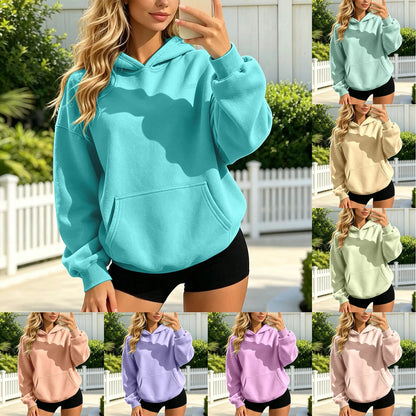 Women Fall and Winter Casual Soild Color Hooded Sweatshirt Loose Fit Long Sleeve Pocket Outdoor Casual Tops Street Hoodie